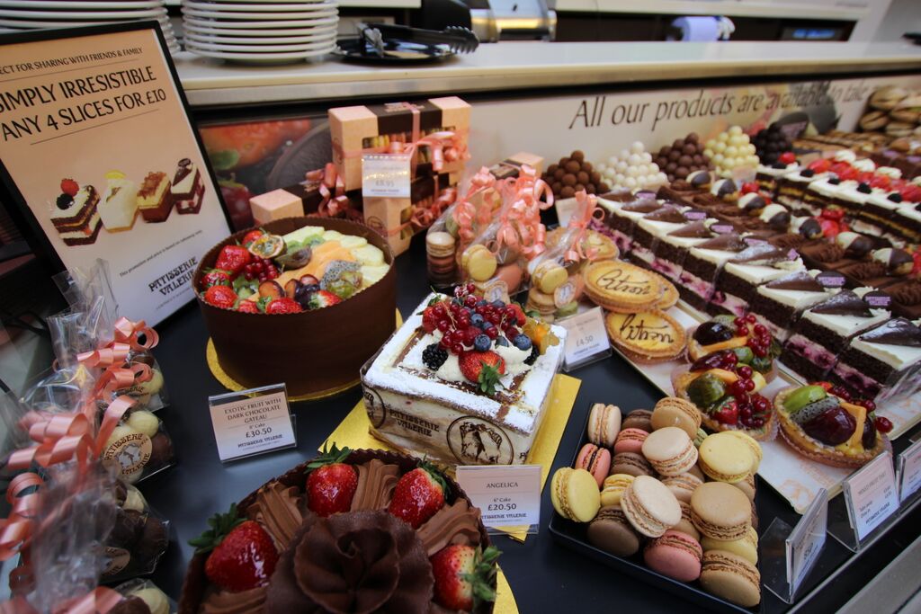 Selection of cakes at Patisserie Valerie shop
