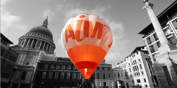 AIM balloon flying over the London Stock Exchange