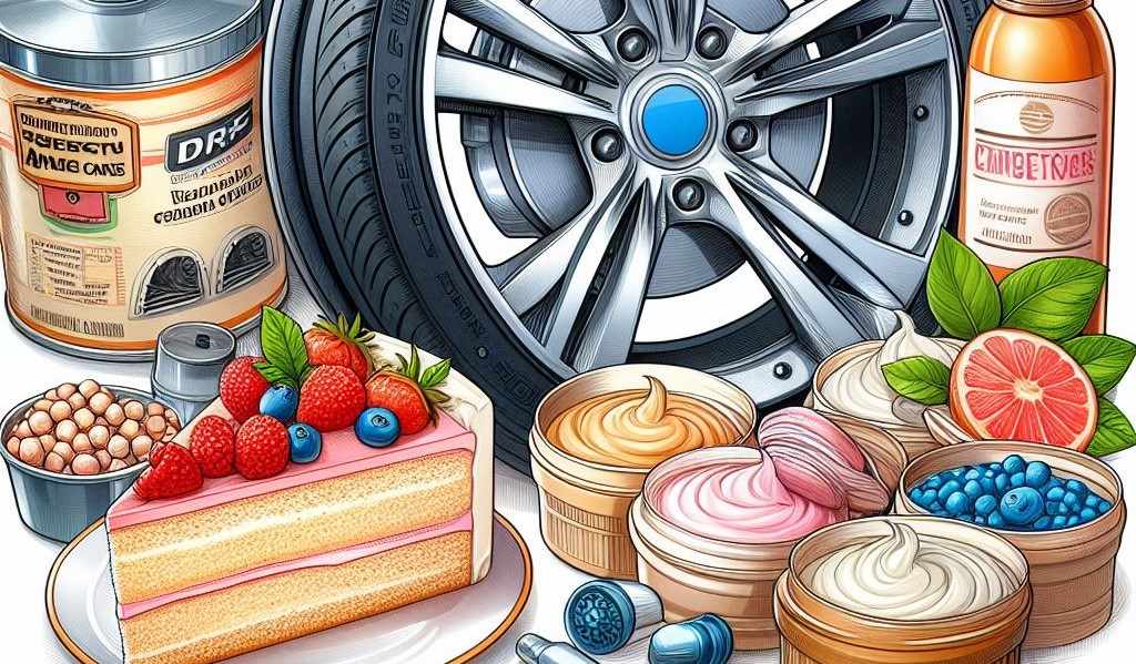Image illustrating brake discs, fresh cream cakes and cosmetics