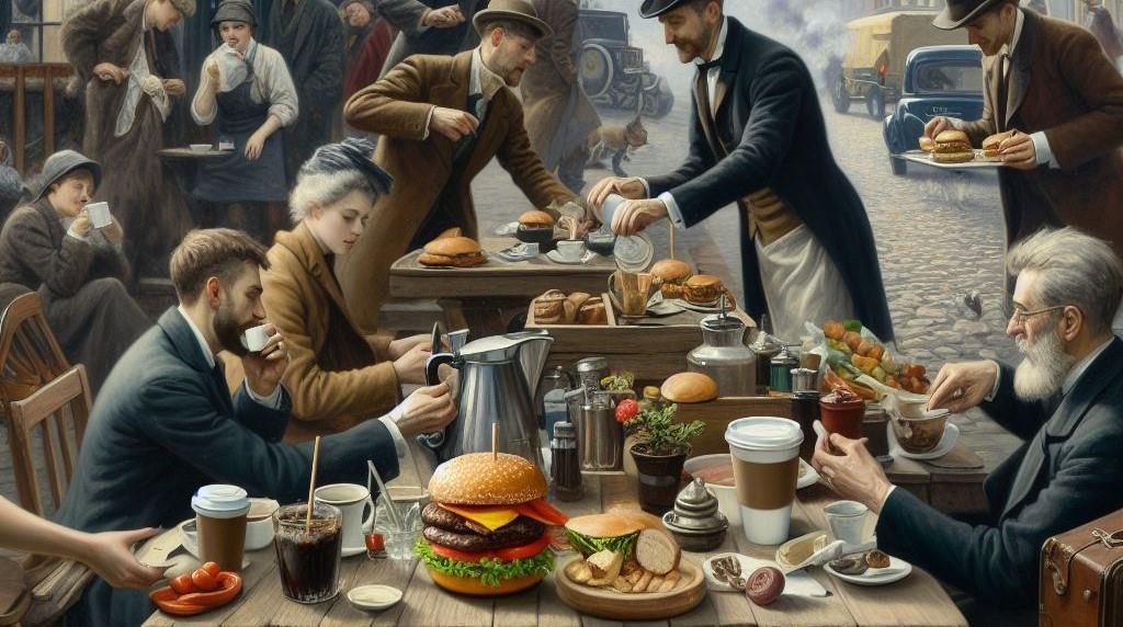 Scene of people eating burgers and drinking coffee