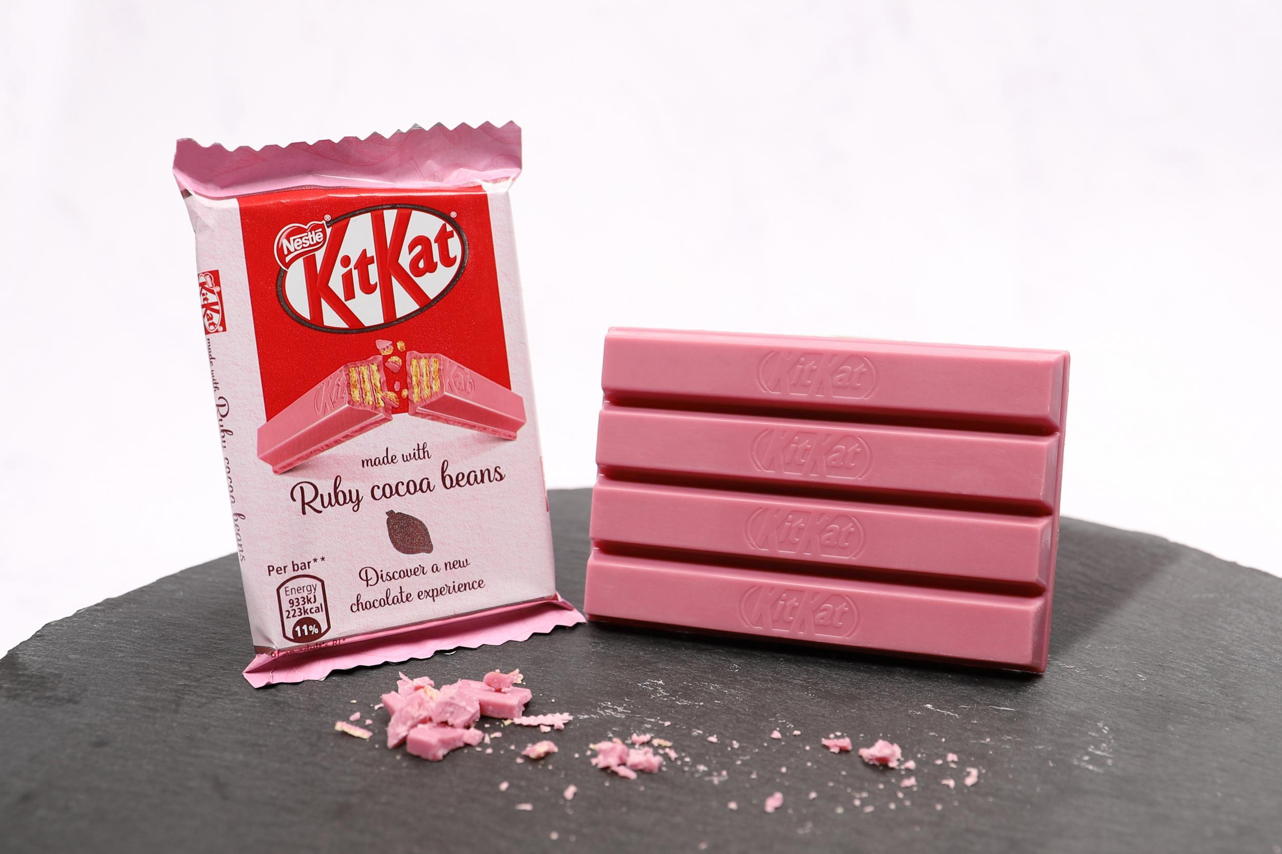 Nestle's pink KitKat four-finger chocolate bar made with ruby cocoa beans 